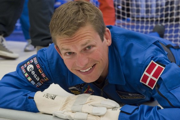 European astronaut Andreas Mogensen between parabolas on a "Vomit Comet"-like plane (to simulate weightlessness) during training in 2010.