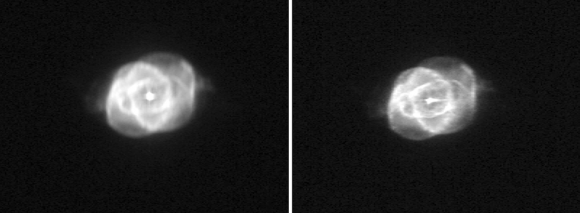 A view of the Cat's Eye Nebula during the calibration phase of Gaia, a Milky Way-mapping telescope. The pictures were taken on Jan. 23 (left) and Jan. 25, 2014. Credit: ESA/DPAC/Airbus DS