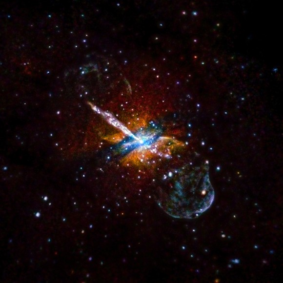 Centaurus A (the site of a supermassive black hole) shines brightly in this composite image from the Chandra X-ray Observatory. Scientists used the equivalent of 9.5 days' worth of observations between 1999 and 2012. Credit: X-ray: NASA/CXC/U.Birmingham/M.Burke et al.