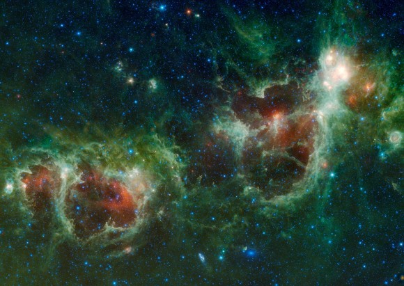 The Heart and Soul nebulae in an infrared mosaic from NASA's Wide-field Infrared Survey Explorer (WISE). It is located about about 6,000 light-years from Earth. Credit: NASA/JPL-Caltech/UCLA