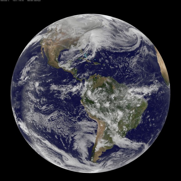 Full disk image of the winter storm over the U.S. south and East Coast was taken by NOAA's GOES-13 satellite on Feb. 13 at 1455 UTC/9:45 a.m. EST. Credit: NASA/NOAA GOES Project