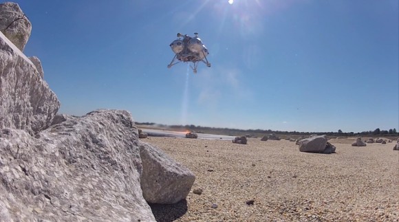 The Morpheus lander comes in for a safe landing during a flight on Feb. 10, 2014. Credit: Project Morpheus/YouTube (screenshot)