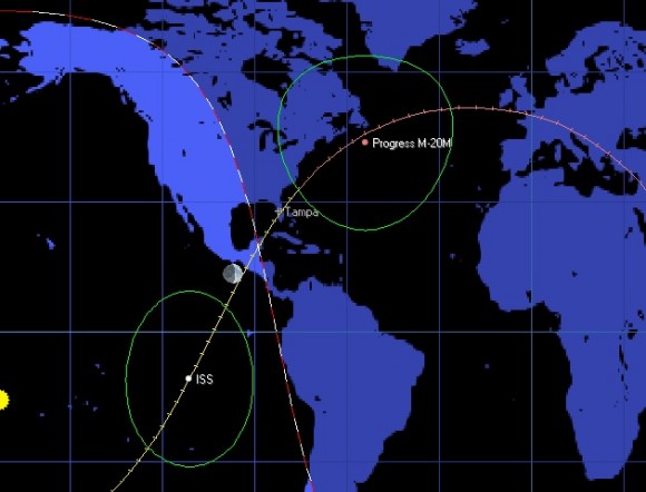 Tonight's passage of Progress M-20M and the International Space Station over the US SE and the Caribbean region. Created by the author using Orbitron.
