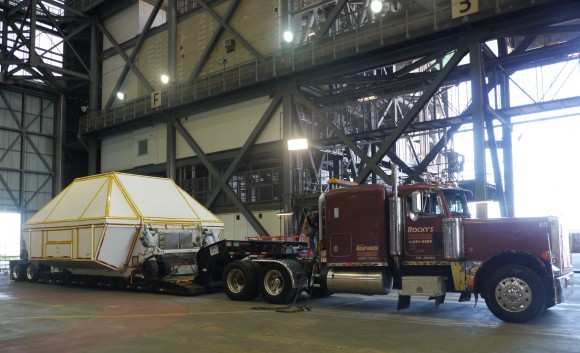 An Orion prototype spacecraft in the Vehicle Assembly Building at the Kennedy Space Center in Florida, ready to be shipped to Langley, Virginia. Credit: Elizabeth Howell