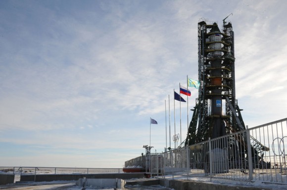 The Soyuz-U rocket sits ready for launch at the baikonur Cosmodrome earlier today. Credit: The Russian Space Agency.