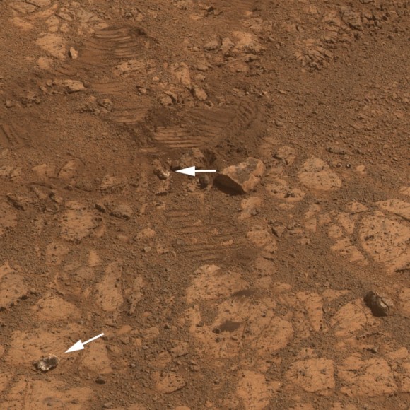 This image from the panoramic camera (Pancam) on NASA’s rover Opportunity shows the location of a rock called 