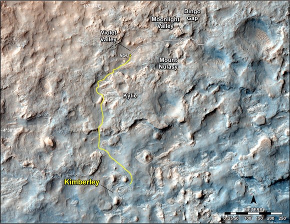 This map shows the route driven and route planned for NASA's Curiosity Mars rover from before reaching "Dingo Gap" -- in upper right -- to the mission's next science waypoint, "Kimberley" (formerly referred to as "KMS-9") -- in lower left. Credit: NASA/JPL-Caltech/Univ. of Arizona