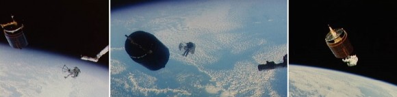 Sequence of images showing NASA astronaut Dale Gardner approaching and capturing the malfunctioning Westar 6 satellite in 1984 during STS-51A. Click for a larger version. Credit: NASA (images) / Elizabeth Howell (photo combination)