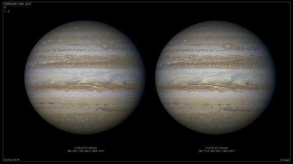More images of Jupiter on February 25, 2014, with these showing the Oval BA storm, with the Mickey Mouse storms peeking around the left side. Credit and copyright: Damian Peach.