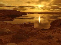Seasonal winds may be finally kicking up waves in Titan's lakes. (Illustration © Ron Miller.)
