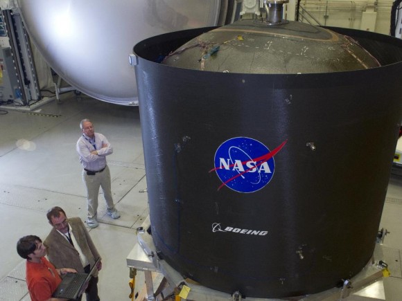 As of 2014, NASA and Boeing are developing a propellant tank made of composite materials to hold cryogenic (low-temperature) gases in space. Initially slated for a 2018 test flight, NASA's 2015 budget will keep these tanks on the ground for the foreseeable future. Credit: NASA/MSFC/Emmett Given