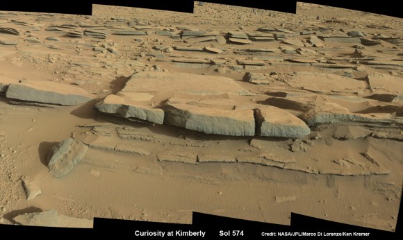 NASA’s Curiosity Mars rover will likely drill into this layered rock outcrop, near the center of the mosaic, at the Kimberly waypoint. This photomosaic was assembled from high resolution Mastcam 34 camera images taken on Sol 574 (March 18, 2014). Credit: NASA/JPL-Caltech/Marco Di Lorenzo/Ken Kremer-kenkremer.com