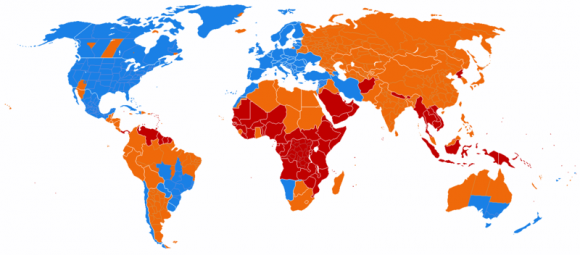 Current DST usage worldwide. Regions in blue currently use DST, orange have scrapped DST, and regions in red have never used DST. Credit: Paul Eggert under a wikimedia Creative Commons Attribution-Share Alike 3.0 Unported license.