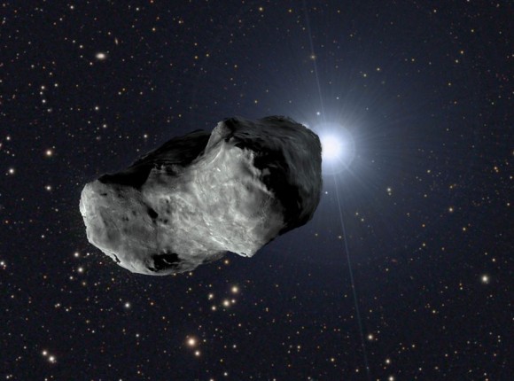 Illustration showing asteroid 163 Erigone about to cover Leo’s brightest star Regulus around 2:07 Eastern Daylight Time Thursday morning March 20, 2014. As the asteroid’s shadow passes over the ground, observers will see Regulus disappear for up to 14 seconds. Illustration: Bob King with help from photos by the ESO/NASA -