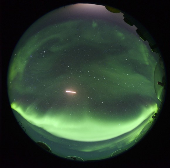 Time exposure showing the trail of the rocket after it was launched into the aurora over Poker Flat early Monday morning March 3, 2014. Credit: Jason Ahrns