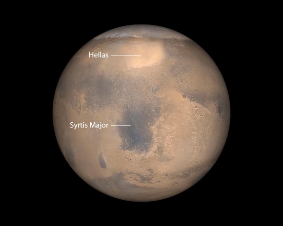 Mars photographed by the Mars Global Surveyor shows the equally prominent Syrtis Major and the Hellas impact basin. Credit; NASA/JPL/Malin Space Systems