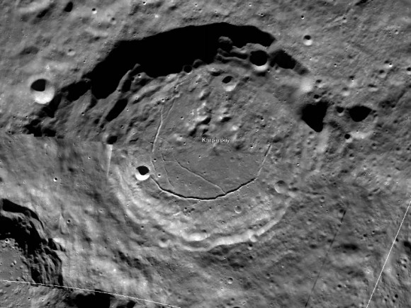 The 91-km Karpinskiy Crater from the new interactive north pole mosaic. See image below for a zoomed-in view. Credit: NASA
