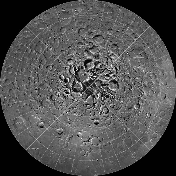 A new interactive mosaic from NASA's Lunar Reconnaissance Orbiter covers the north pole of the moon from 60 to 90 degrees north latitude at a resolution of 6-1/2 feet (2 meters) per pixel. Close-ups of Thales crater (right side) zoom in to reveal increasing levels of detail. Image Credit: NASA/GSFC/Arizona State University