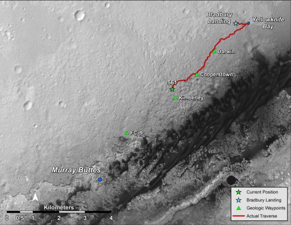 NASA Curiosity Mars rover Traverse Map from Landing Zone in Gale Crater to Kimberly Waypoint. Credit: NASA