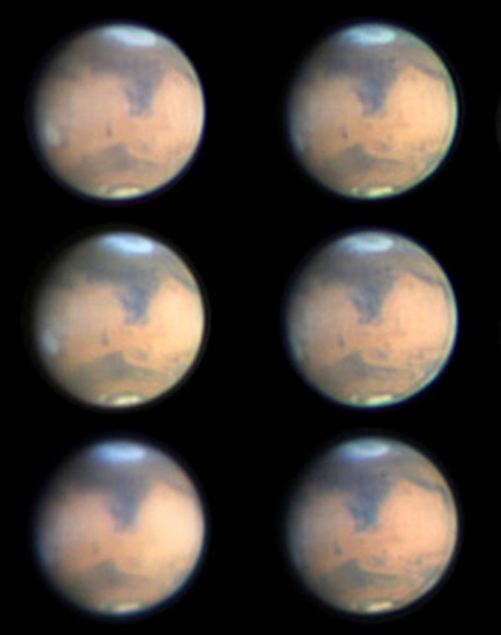 Mars photographed during part of its rotation from Melbourne, Australia on March 8. The bright "cap" marks Hellas, now covered in wintertime frost and clouds. Credit: Maurice Valimberti