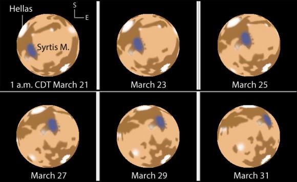 Mars at 1 a.m. CDT on successive nights starting March 21, 2014. Notice how planetary features appear to rotate to the east night to night. Created with images from Meridian