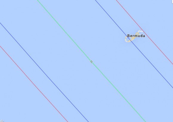 Bermuda, perhaps the best place to watch the occultation, crosses the eastern edge of the asteroid's shadow. The red line marks
