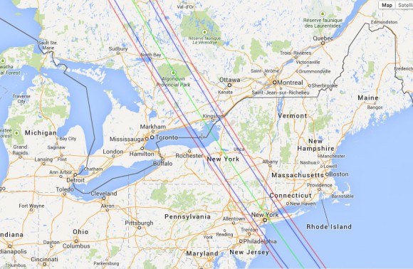 The bright star Regulus will disappear for observers living along the path between the red lines. The disappearance is longest - up to 14 seconds - along the center green line. Credit: Google Maps / IOTA