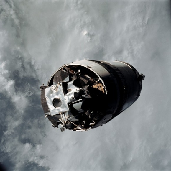 Apollo 9's "Spider" lunar module lies nestled in the third stage of the Saturn V rocket that carried it to space in March 1969. Credit: NASA