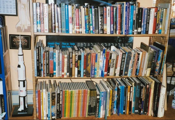 Books from the collection of Joe Lennox, a space fan with a vast collection of space memorabilia in the New York City area. Credit: Joe Lennox