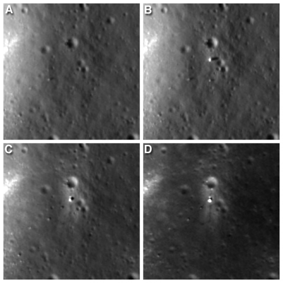 Four LROC NAC views of the Chang'e 3 landing site. A) before landing, June 30, 2013 B) after landing, Dec. 25, 2013 C) Jan. 21, 2014 D) Feb. 17, 2014 Width of each image is 200 meters (about 656 feet). Follow Yutu's path clockwise around the lander in "D." Credit: NASA/Goddard/Arizona State University