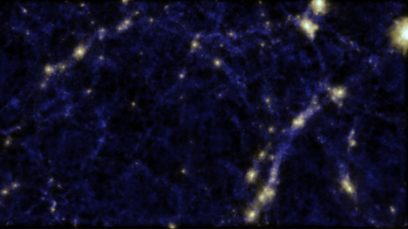 A simulation of the "cosmic web" believed to connect galaxies. A void is visible in the center of the image, a spot where researchers found galaxy "tendrils." Credit: Cunnama, Power, Newton and Cui (ICRAR).