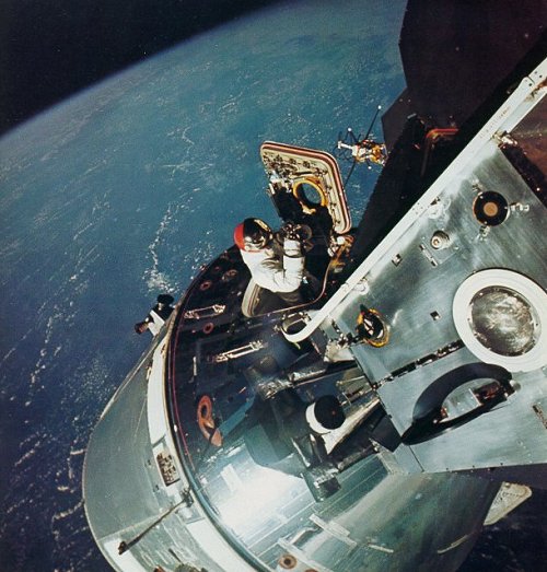 Apollo 9 astronaut Dave Scott during a spacewalk from the command module in March 1969. The Mississippi River is visible in the background. Credit: NASA