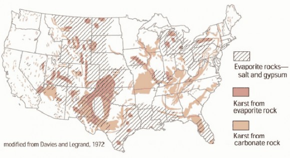 Regions and rock types of the United States that could be vulnerable to sinkholes. Credit: U.S. Geological Survey