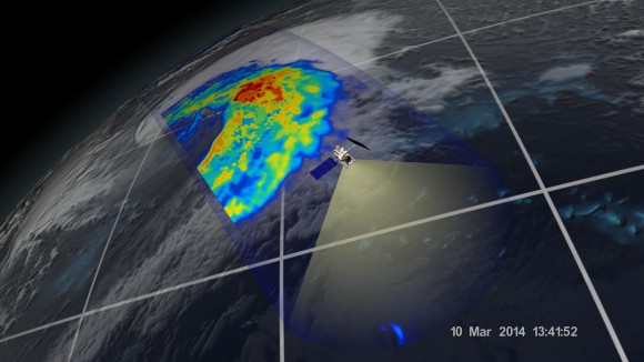 An extra-tropical cyclone seen off the coast of Japan, March 10, 2014, by the GPM Microwave Imager. The colors show the rain rate: red areas indicate heavy rainfall, while yellow and blue indicate less intense rainfall. The upper left blue areas indicate falling snow. Credit:  NASA/JAXA