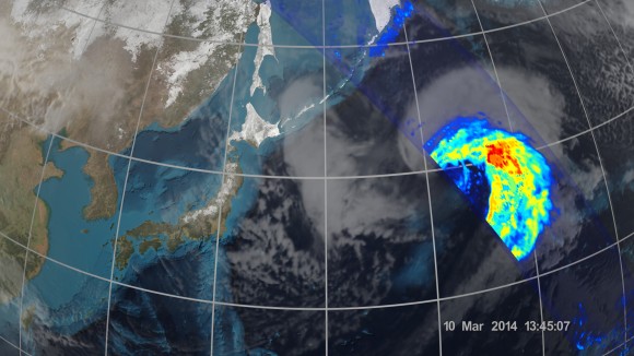 On March 10, 2014 the Global Precipitation Measurement (GPM) Core Observatory passed over an extra-tropical cyclone about 1,055 miles (1,700 km) east of Japan's Honshu Island. Formed when a cold air mass wrapped around a warm air mass near Okinawa on March 8, it moved NE drawing cold air over Japan before weakening over the North Pacific.   Credit:  NASA/JAXA