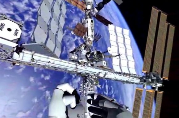 A virtual-reality view of what it would look like if you were floating away from the International Space Station. Credit: European Space Agency (YouTube)