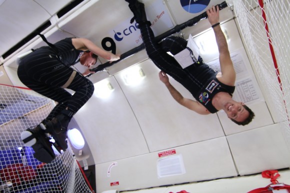 European Space Agency astronaut Thomas Pesquet (upside-down) testing out the "skinsuit" during a parabolic flight to simulate microgravity in March 2014. Credit: CNES/Novespace