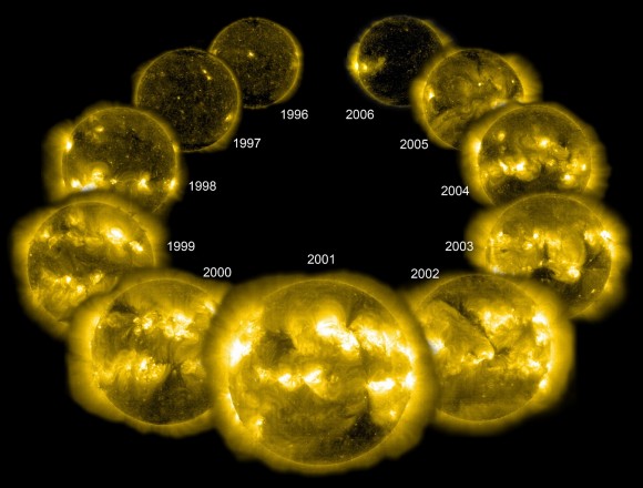 A solar cycle in X-rays. The peak in 2001 is visible at the front, with quietest years 1996 and 2006 near the back. The sun's 11-year-solar cycle sees an increase in sunspots and solar activity at its peak. The year 2014 is close to the peak year for activity, but the cycle has been more muted than the 2001 cycle. Credit: Steele Hill, SOHO, NASA/ESA