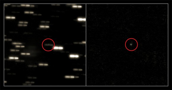 Comet 67P/Churyumov-Gerasimenko on images obtained Feb. 28th, 2014 with the Very Large Telescope. Left: Several exposures were obtained of the faint comet, and superimposed upon each other, making stars appear as streaks. Right: The comet in an image processed to remove the stars. Credit: MPS/ESO
