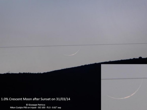 A tiny crescent Moon, with only about 1% of the lunar surface illuminated, one day and a few hours after the New Moon phase. March 31, 2014 from Sulmona, Abruzzo, Italy. Credit and copyright: Giuseppe Petricca.