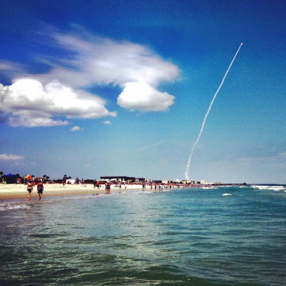 Atlas V NROL-67 launch photographed by iPhone from Cocoa Beach on April 10, 2014 while swimming. Credit: Nicole Solomon