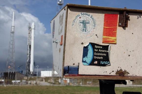 Remote cameras set up at SpaceX Falcon 9 launch pad 40 at Cape Canaveral. Adorned with patch - Space for America’s Economic Growth. Credit: Nicole Solomon