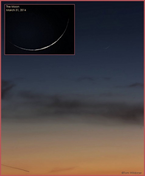 The 1.2 day old Moon, 2% illuminated, from Weatherly, PA. Inset picture taken with 12" Meade telescope. Credit and copyright: Tom Wildoner.