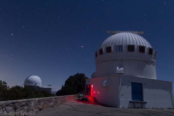 Mars and Spica rising over the telescope domes at Kitt Peak, Arizona. The 2.1 metre dome is on the left, and the 0.9 metre dome is to the right. Credit-Rob Sparks @halfastro