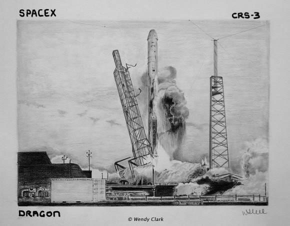 An original pencil illustration of the SpaceX CRS-3 Falcon 9 Dragon launch on April 18, 2014. Credit and copyright: Wendy Clark.