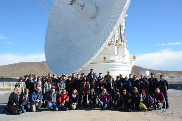 The participants of the DSN NASA Social gathered in front of the DSS-14 70-meter antenna at Goldstone, April 2, 2014. 