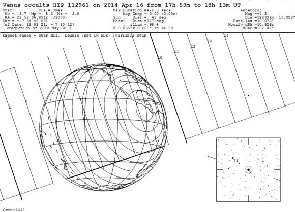 The "shadow path" of the occultation of Lambda Aquarii by Venus on April 16th. Credit: IOTA/Steve Preston/www.asteroidoccultation/Occult 4.0.