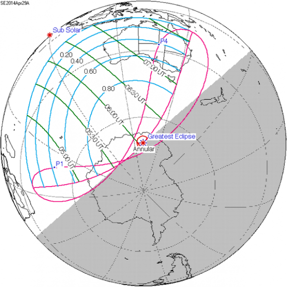The "footprint" of the April 29th solar eclipse. Credit: