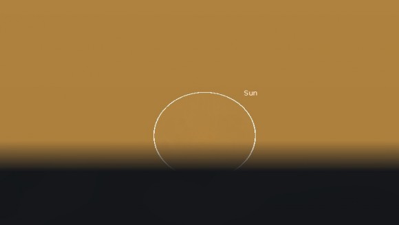 A simulation of the view that no one will see: the annular eclipse one kilometre above latitude 71S longitude 131E above the Antarctic. Created using Stellarium.