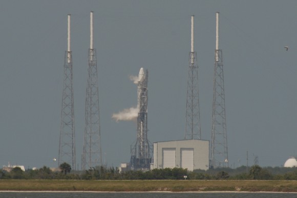 The Falcon 9 and Dragon capsule stand ready for launch prior to the detection of a helium leak in one of the engines forcing a scrub of the launch attempt on April 14. 2014 - now reset to April 18, 2014. Credit: nasatech.net